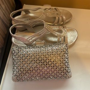 Dressy silver sandals with evening bag